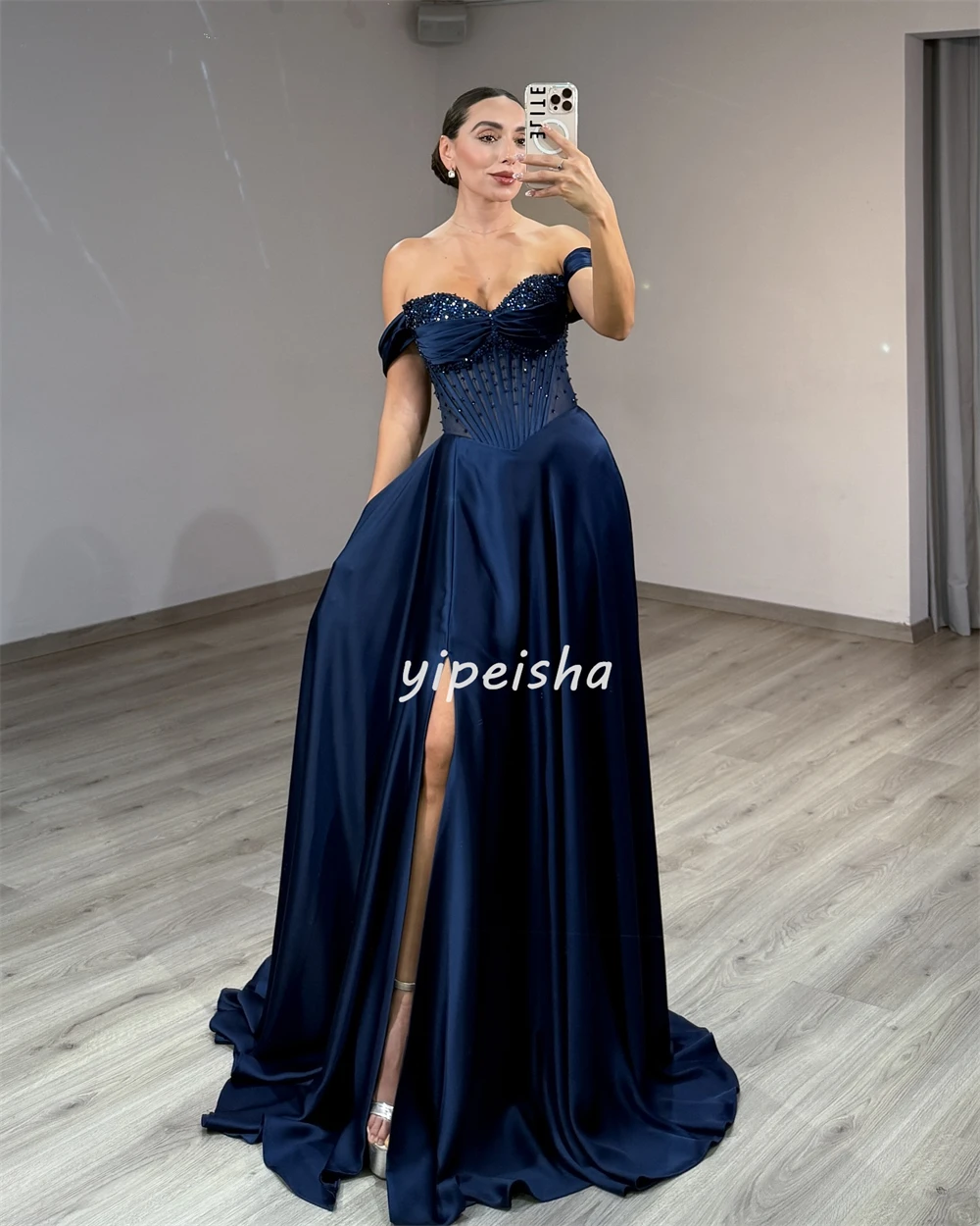 Sukienki na zamówienie wysokiej jakości, klasyczne, z dżerseju, zdobione koralikami, plisowane, o prostym kroju, z odkrytymi ramionami, długie, sukienki na specjalne okazje, moda.