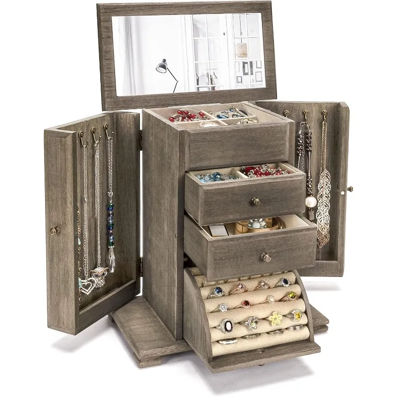 

Jewelry Box for Women, Rustic Wooden Jewelry Boxes & Organizers with Mirror, 4 Layer Jewelry Organizer Box Display