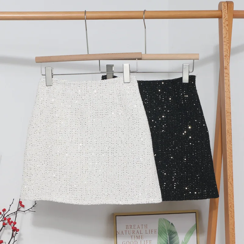 Sequined Tweed Women's New Style High Waisted Slim Fit A-Line Wrap Hip Short Skirt With Anti Exposure Design Chic Skirt 8997