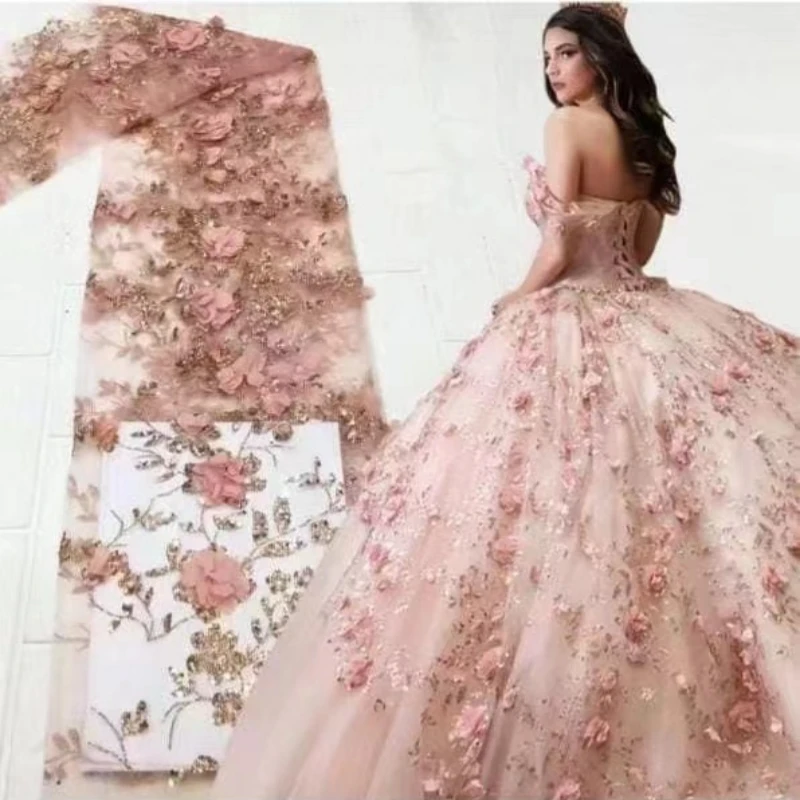 Hot Sale Pink Color Newest Design Africa French Style Tulle Net Beaded Lace Top Quality 3D Flower Embroidery Wedding Dress