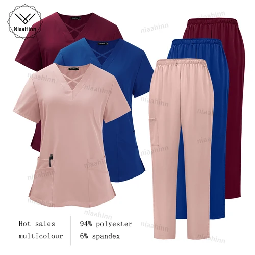 Niaahinn-Conjunto de uniforme médico para enfermería, Top de manga corta, pantalones, uniforme de enfermera, traje de LICRA, venta al por mayor