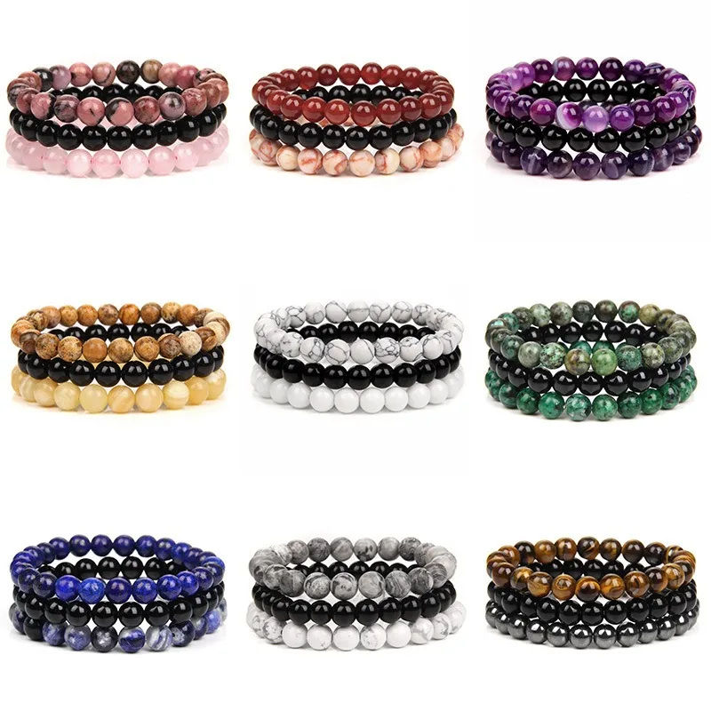 Ensemble de 3 bracelets en pierre naturelle - Bijoux populaires en cristal de guérison pour le yoga, la méditation et l'équilibrage énergétique