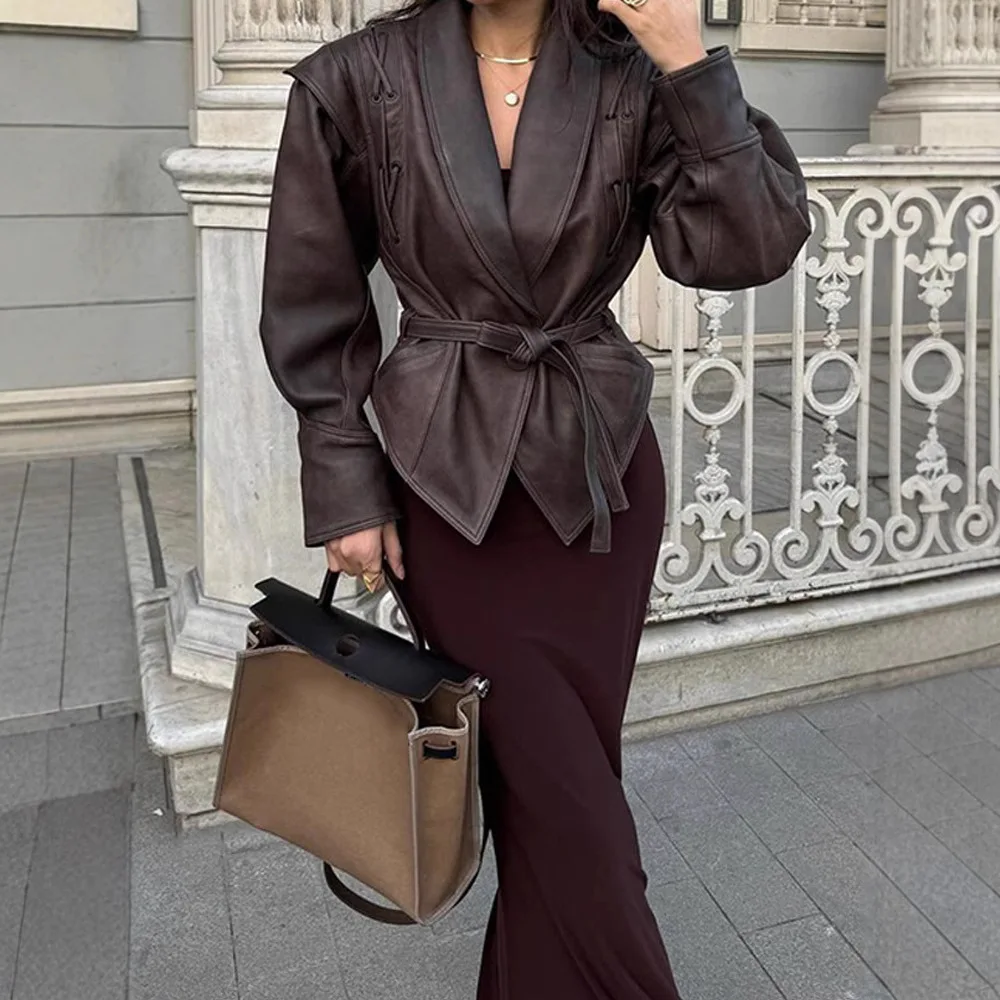 

Хит продаж, короткая кожаная куртка на шнуровке, осень/зима 2026, трансграничная женская кожаная куртка в уличном стиле