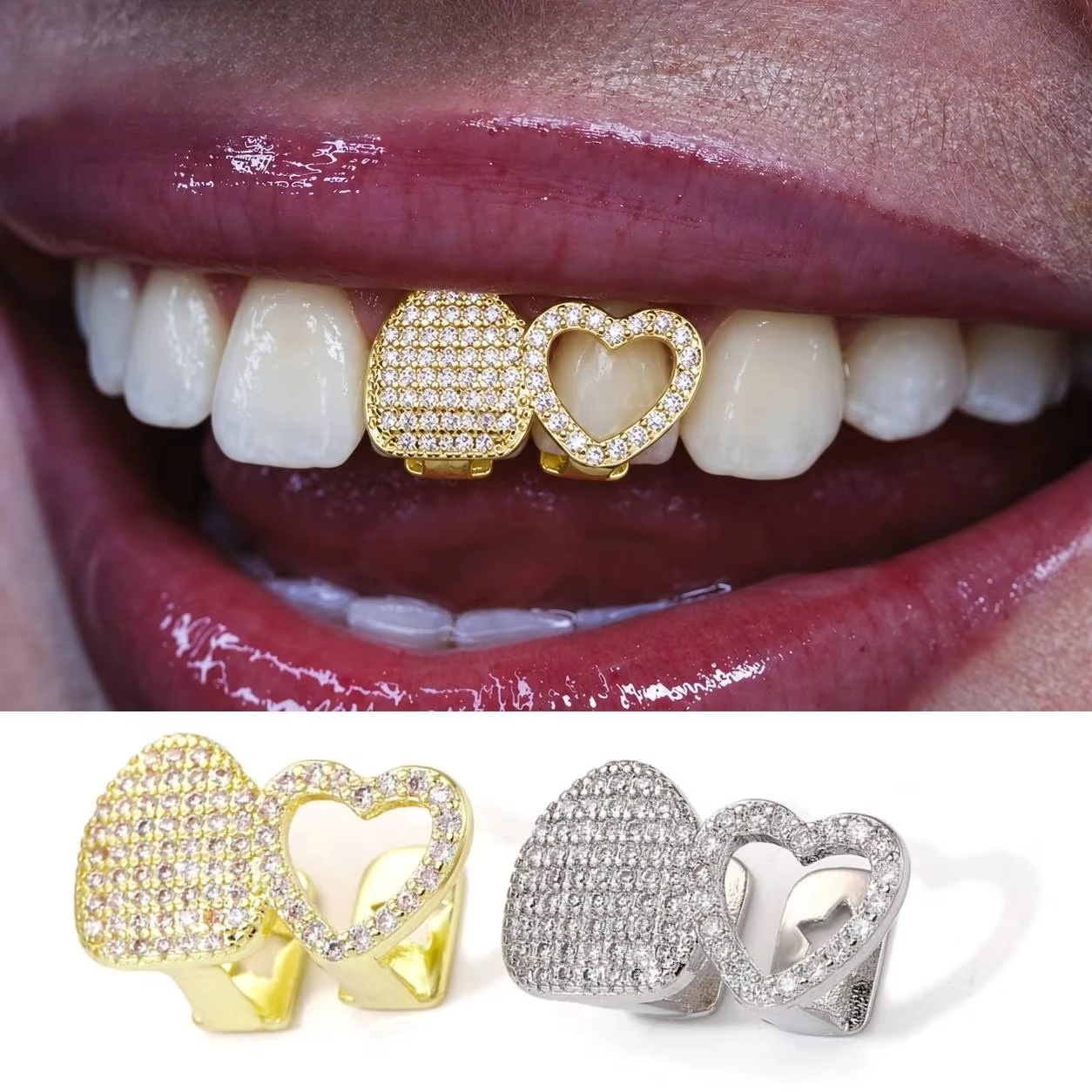 Unisex Gold Plated Copper Heart CZ Grillz Set Full Iced out Hollow Heart Tooth Caps Hip Hop Decorative Jewelry