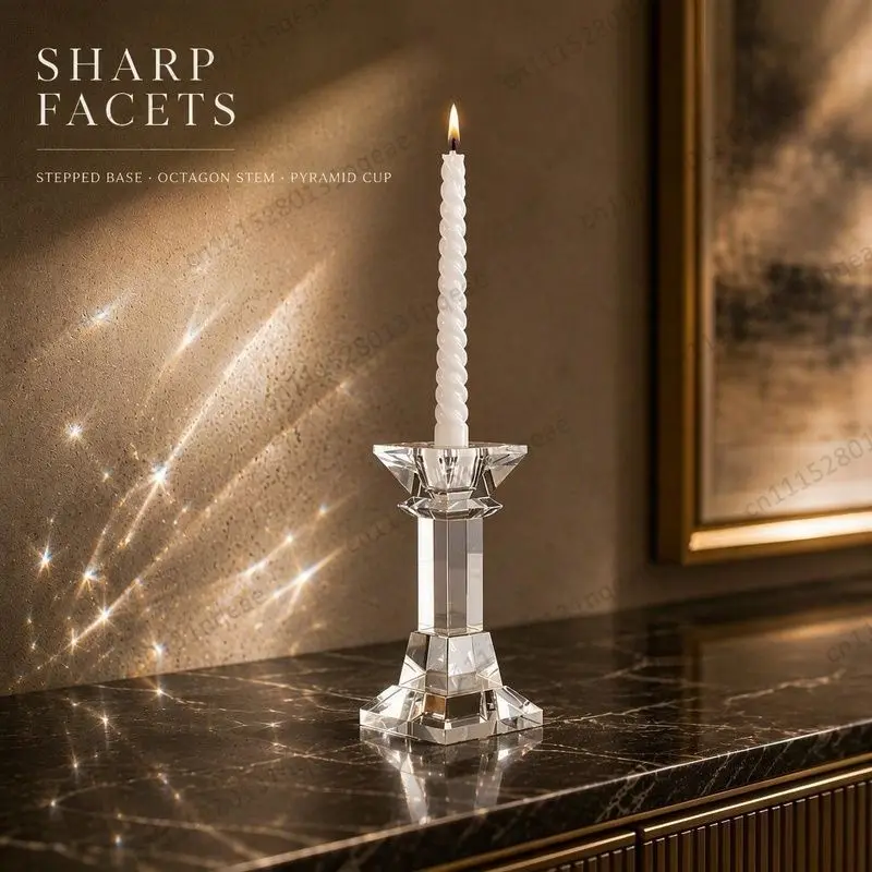 Crystal Candle Holder, Transparent Square Column, Angled Octagonal Base, Modern Home Dining Table Ornament