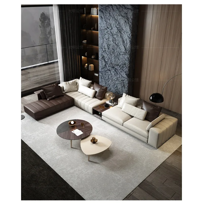 

Italian light luxury minimalist sofa large apartment Nordic villa living room Napa cowhide leather sofa furniture