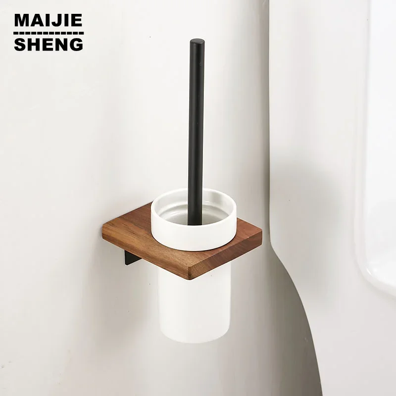 Toilet Brush with Holder Wall Mounted Modern Bathroom Toilet Brush with Holder Aluminum Alloy+Wood Holder with