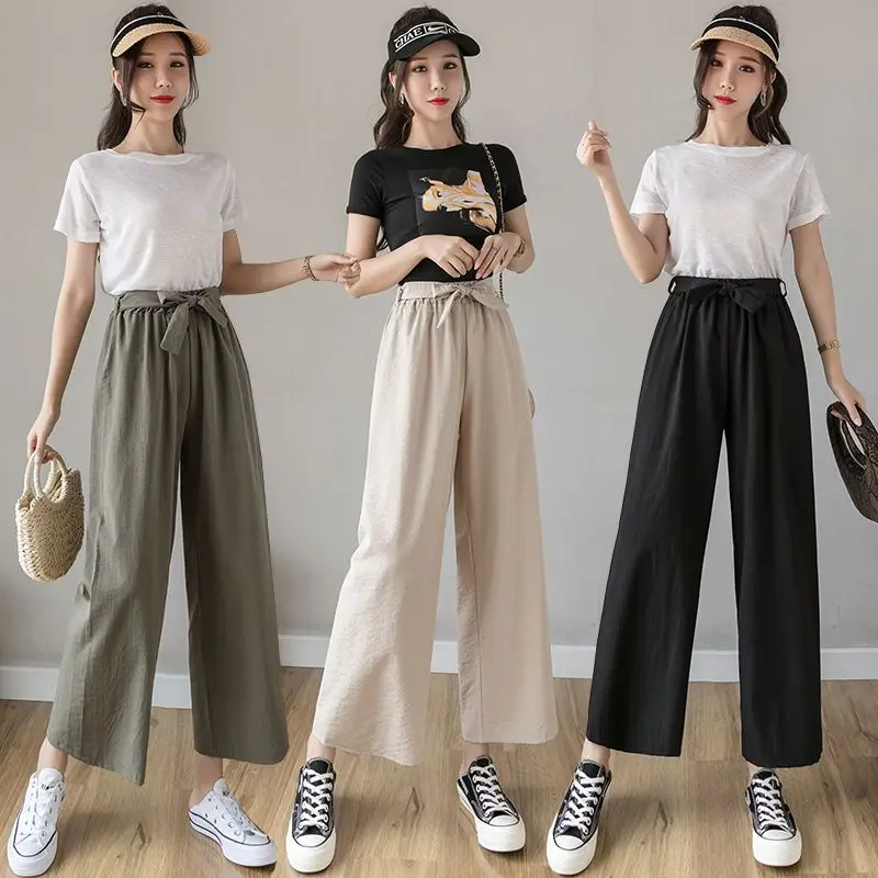 Women Summer Simplicity Ice Shreds Solid Color Appear Thin Cotton and Linen High Waist Wide Leg Ladies All-match Cropped Pants