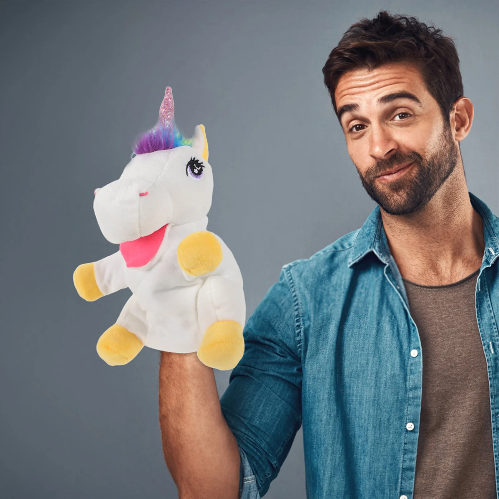 Marioneta de mano de unicornio de juguete para bebé para niños conejo decorativo blanco narración realista