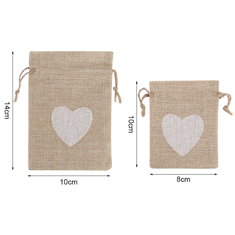 10Pcs Natural Linen Burlap Bag Heart Jute Drawstring Candy Gifts Packaging Bags For Wedding Birthday Party Decor Jewelry Pouches