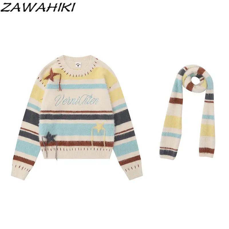 Sweater Women Spring Fall Chic Designed Contrast Color Striped New Arrive Loose Korean Fashion American Knitted Letter Pullover