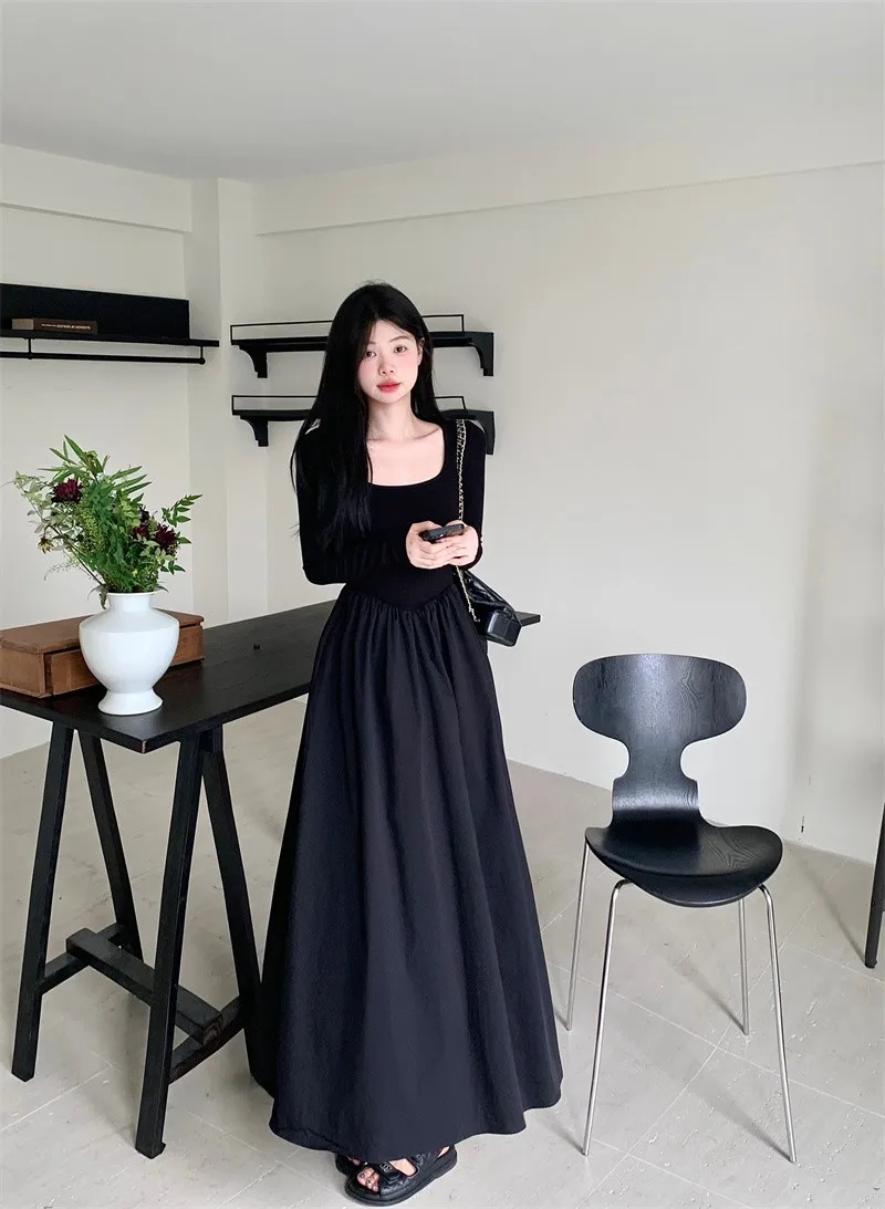 긴 소매 여성용 드레스 가을 봄 실크 시스루 투명 비대칭 크롭 웨이스트 타이트