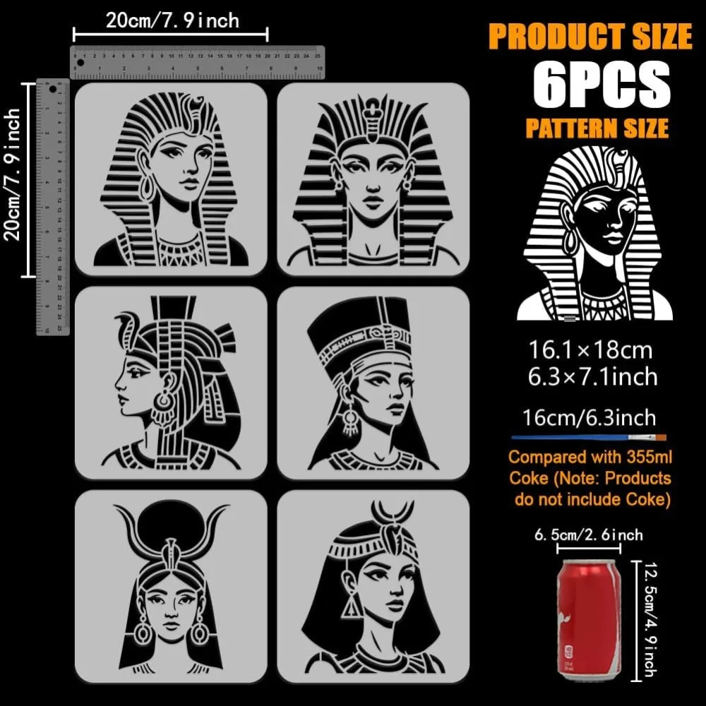 6Pcs Egyptian Goddess Painting Stencil with Paint Brush 7.9x7.9 Inch Egyptian Woman Painting Stencil Egypt Themes Stencils