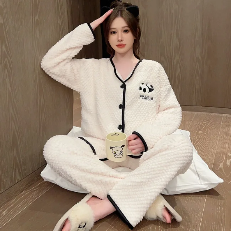 5XL Plus Size Coral Fleece Pajamas Set Women\'s Winter Cute Japanese Style Soft Plush Thickened Sleepwear Sweet Girl Home Clothes