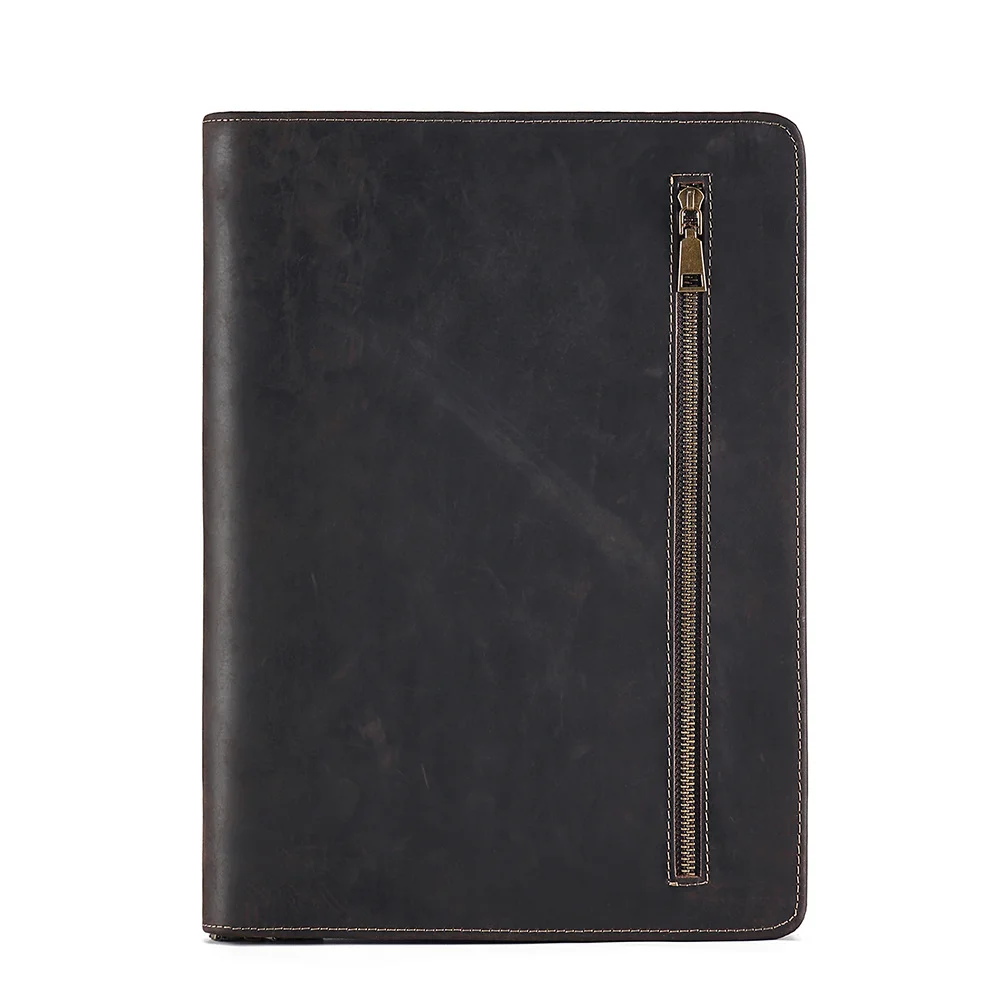 Crazy Horse Leather Portfolio Case Men Women Multi Pocket Padfolio Cover Bussiness Document A4 Organizer Tablet Holder