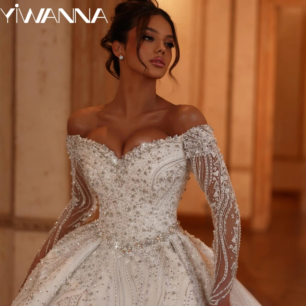 

Puffy Luxury Embroidery Beaded Lace Long Wedding Dress Dreamy Off Shoulder Bridal Gown Customized Charming Dresses For Bride