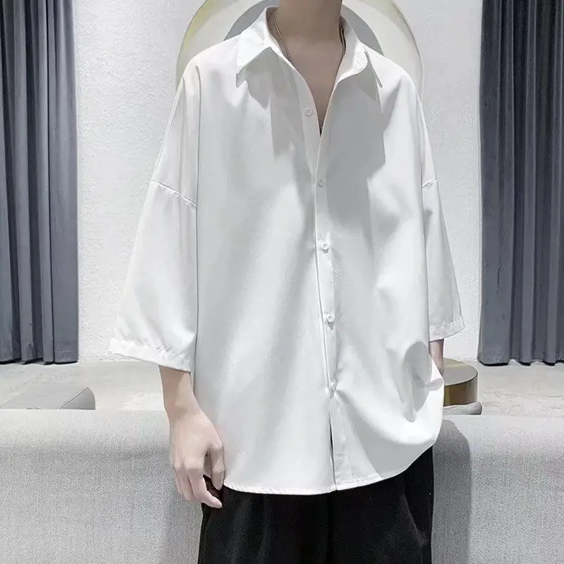 White Men's Lazy Style Five-point Sleeve Ice Silk Drooping Shirt Summer Handsome Fashion Brand Loose Casual Short-sleeved Jacket