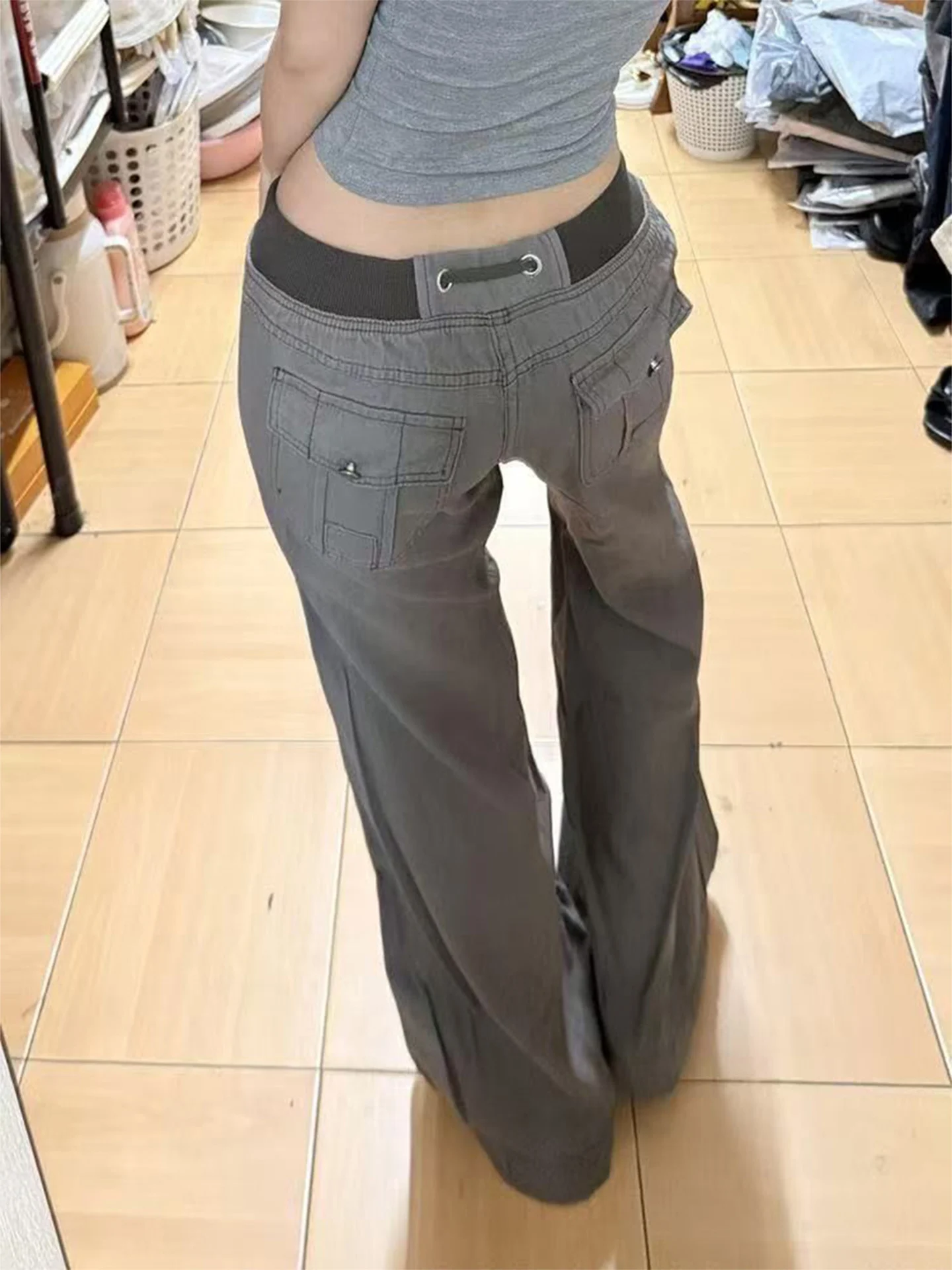 Retro American Grey Low Waist Workwear Jeans Women's Loose Casual Straight Leg Long Pants Autumn Design Sense Comfortable
