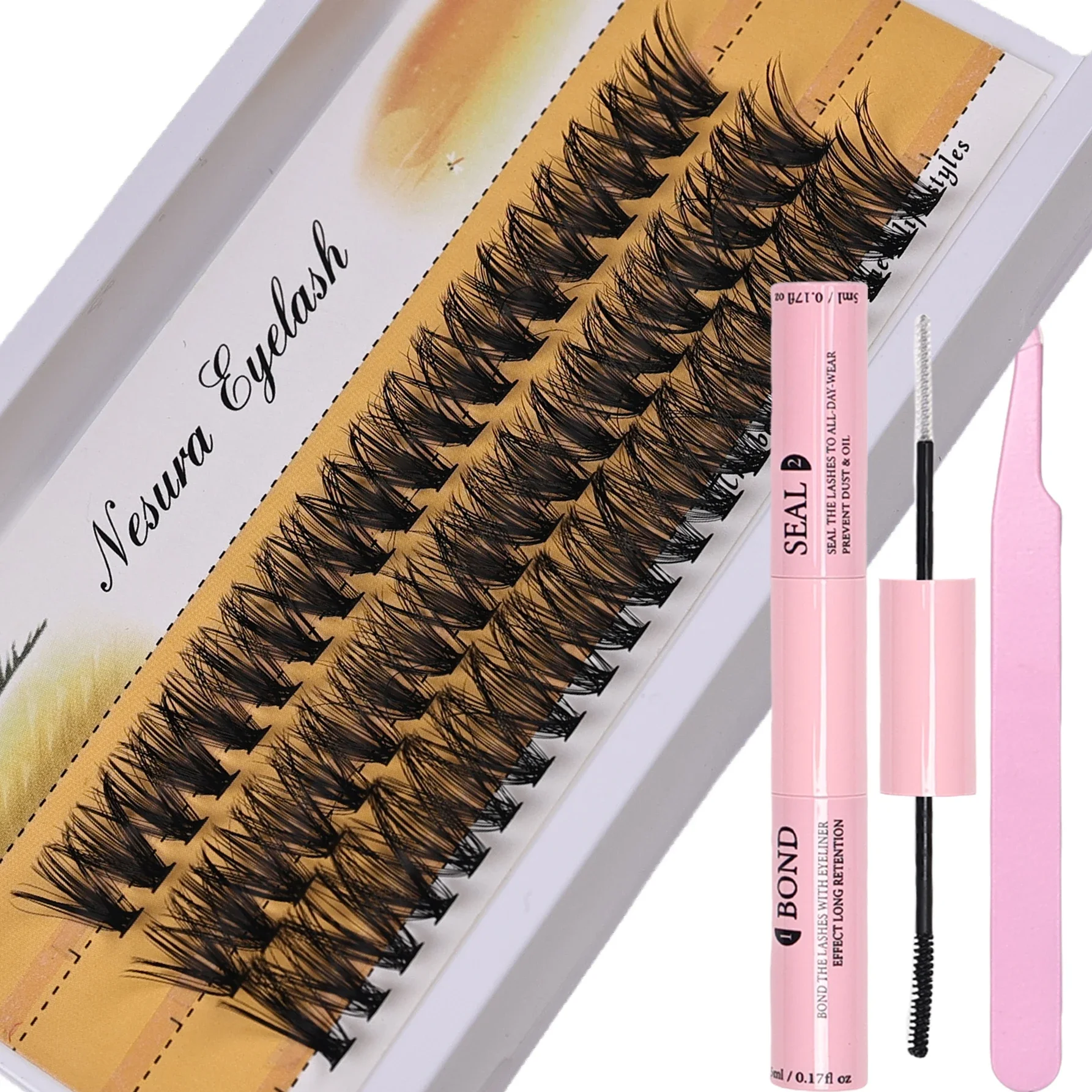 60pcs Cluster Eyelashes - Natural Dramatic Volume Lashes Extension Individual Lashes Bond and Seal and Lash Applicator