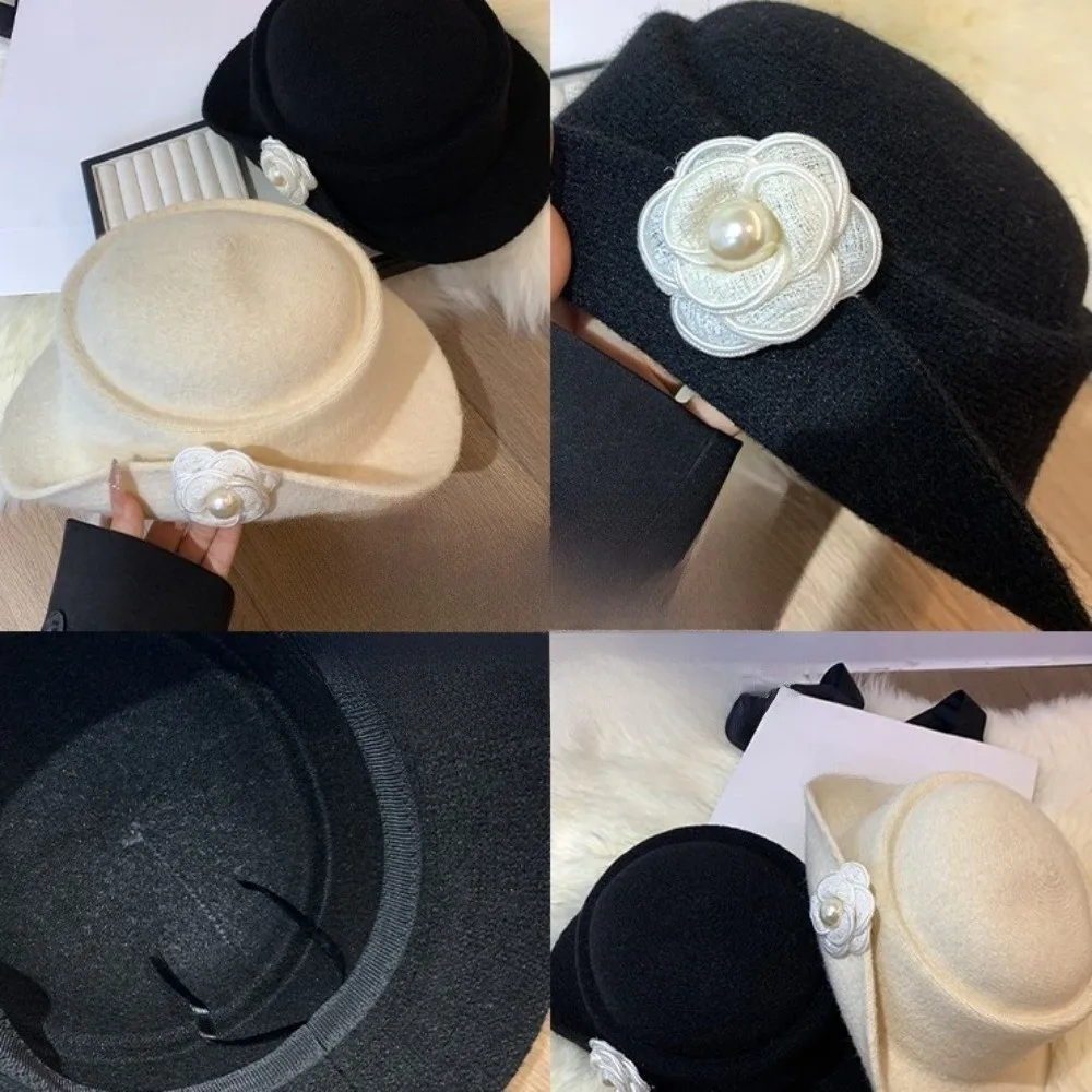 French Style Hepburn Style Topper Hat Woolen Wide Brim Black Felt Hat Flat-top Photography Decoration Women Jazz Hat Bride