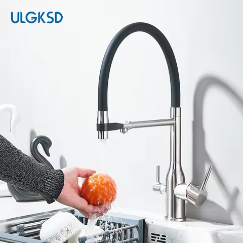 Kitchen Purified Water 2 Function Brass Cold and Hot Mix Faucet Black Flexible Water Pipe 360 Rotate Filtered Water Deck Install