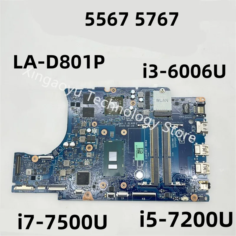 For DELL Inspiron 5567 5767 Motherboard LA-D801P 02PVGT 0Y8N7H Y8N7H 06682Y i3-6006U i5-7200U i7-7500U 100% Tested Fully Work