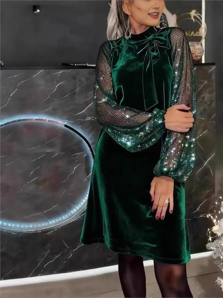 

Модное кружевное лоскутное свободное платье с длинными рукавами для женщин, весна-осень, новый стиль, элегантные женские вечерние платья с бантом 2026