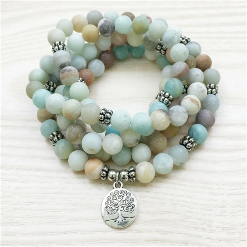 

8mm 108 Amazonite stone tree of life yoga bracelet Mala Classic Men's Buddhist Artisan Charm Men Sacred Prayer