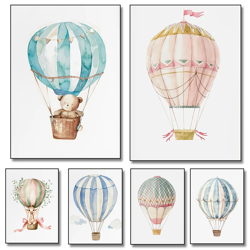 1pc frameless Canvas Painting Watercolor Pink Hot Air Balloon Animal Bear Poster and Print Canvas Painting Wall Art Picture for