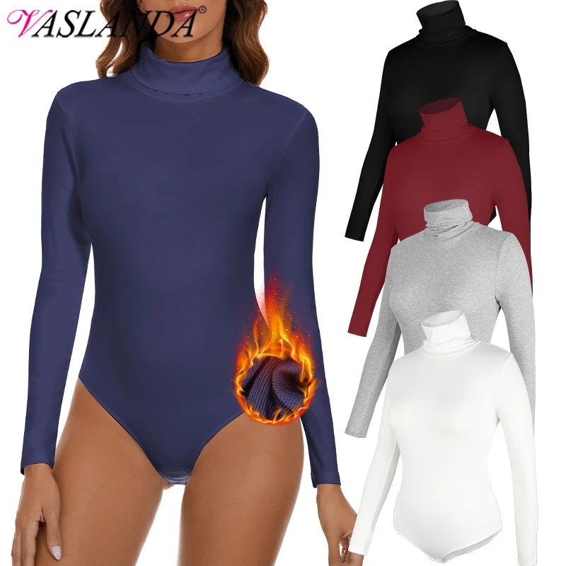 Autumn Winter Long Sleeve Bodysuits for Women Thermal Underwear Skinny Bodycon Mock Turtle Neck Leotard Tops Basic Clothing