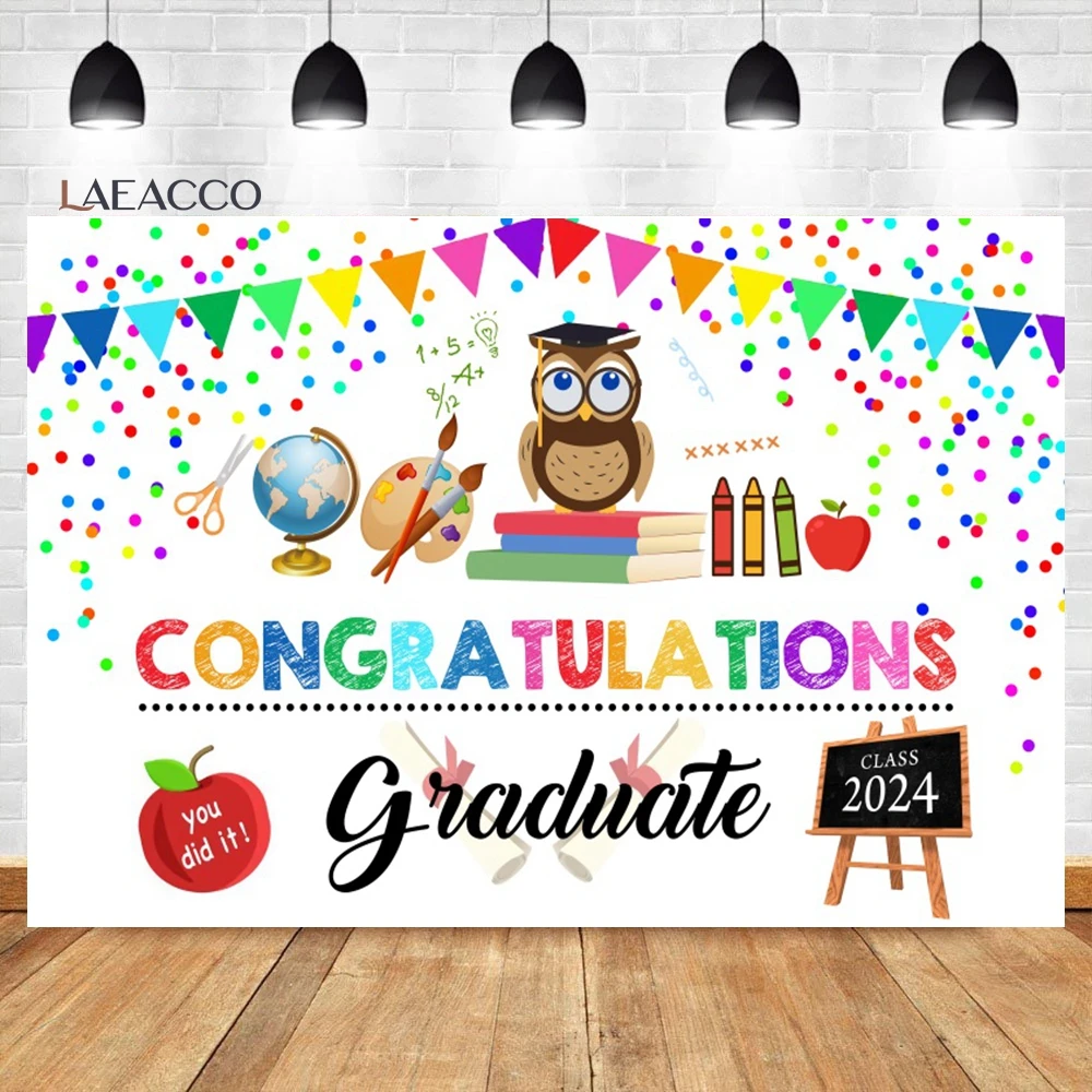 

Laeacco Congratulations Graduation Background Cute Owl Globe Kindergarten Decor Kids Portrait Customized Photography Bakcdrop