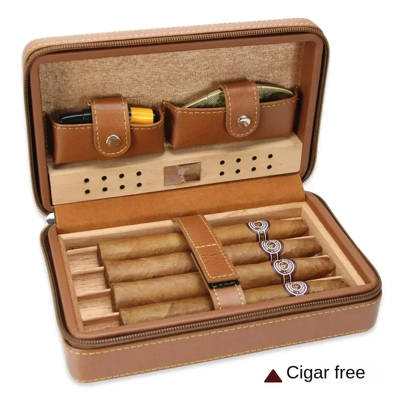 Cigar case portable cedar travel creative leather case cigar cutter lighter set cigar moisturizing bag