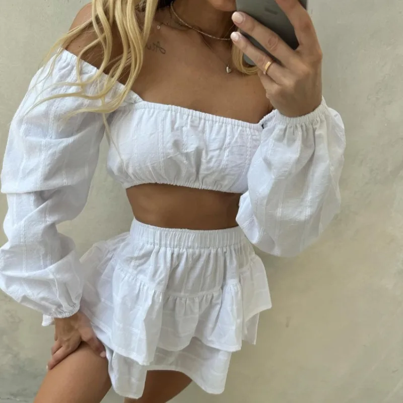 

White Dress Sets Sexy One Shoulder Short Top High Waist Cake Skirt Set Summer Casual Ruffle Pleated Women's Dress Sets