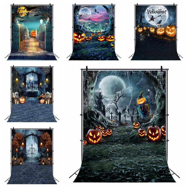 Halloween Backdrop Horror Moon Night Castle Pumpkin Lantern Trick Or Treat Party Background Baby Family Photo Photographic Props