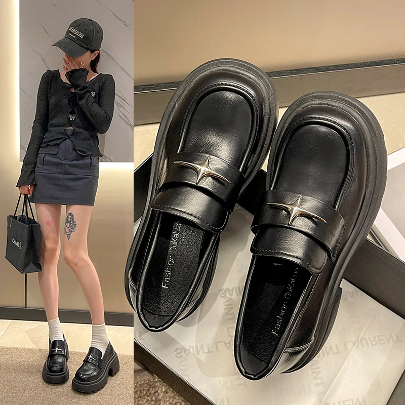 New High Heels Oxford Shoes for Women Spring Patent Leather Chunky Platform Loafers Woman Slip On Loafers Jk Uniform Mary Janes