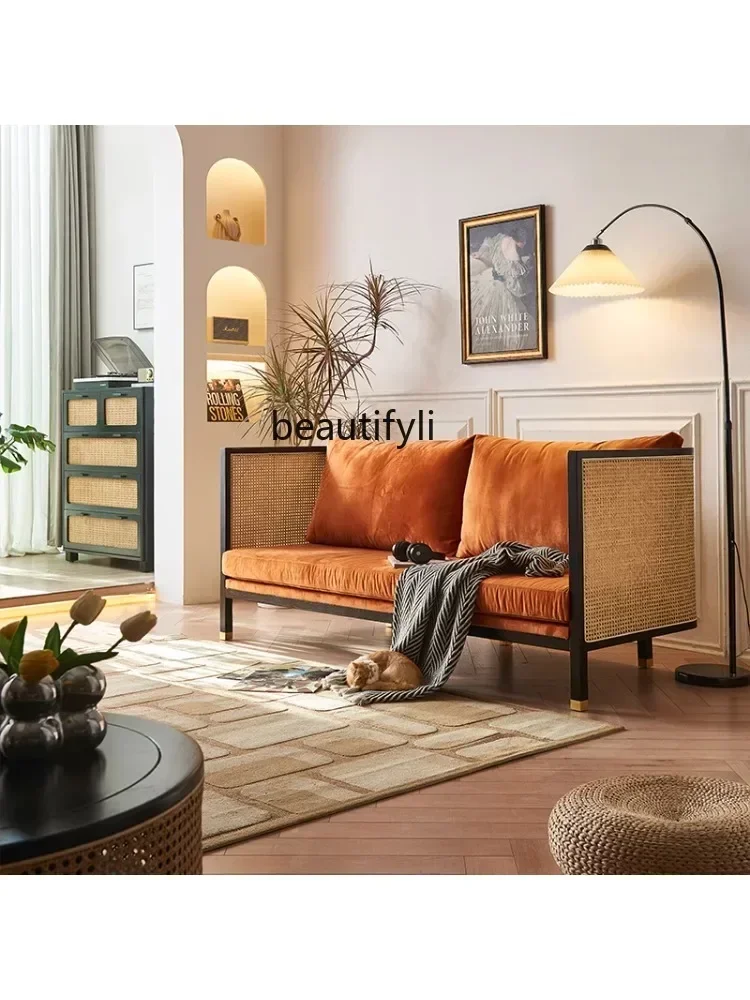

07Modern Minimalist Solid Wood Sofa Home Designer Rattan Sofa Casual Retro B & B Creative Recliner chairs living room