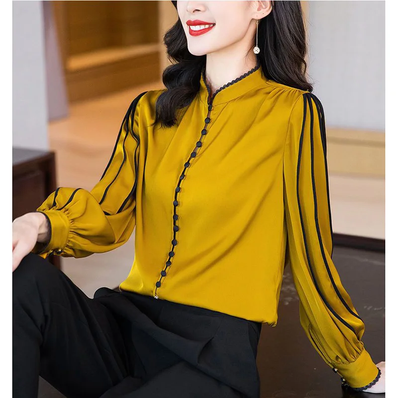 Fashion Stand Collar Button Spliced Folds Ruffles Blouse Women Clothing 2023 Autumn New Casual Pullovers Loose Office Lady Shirt