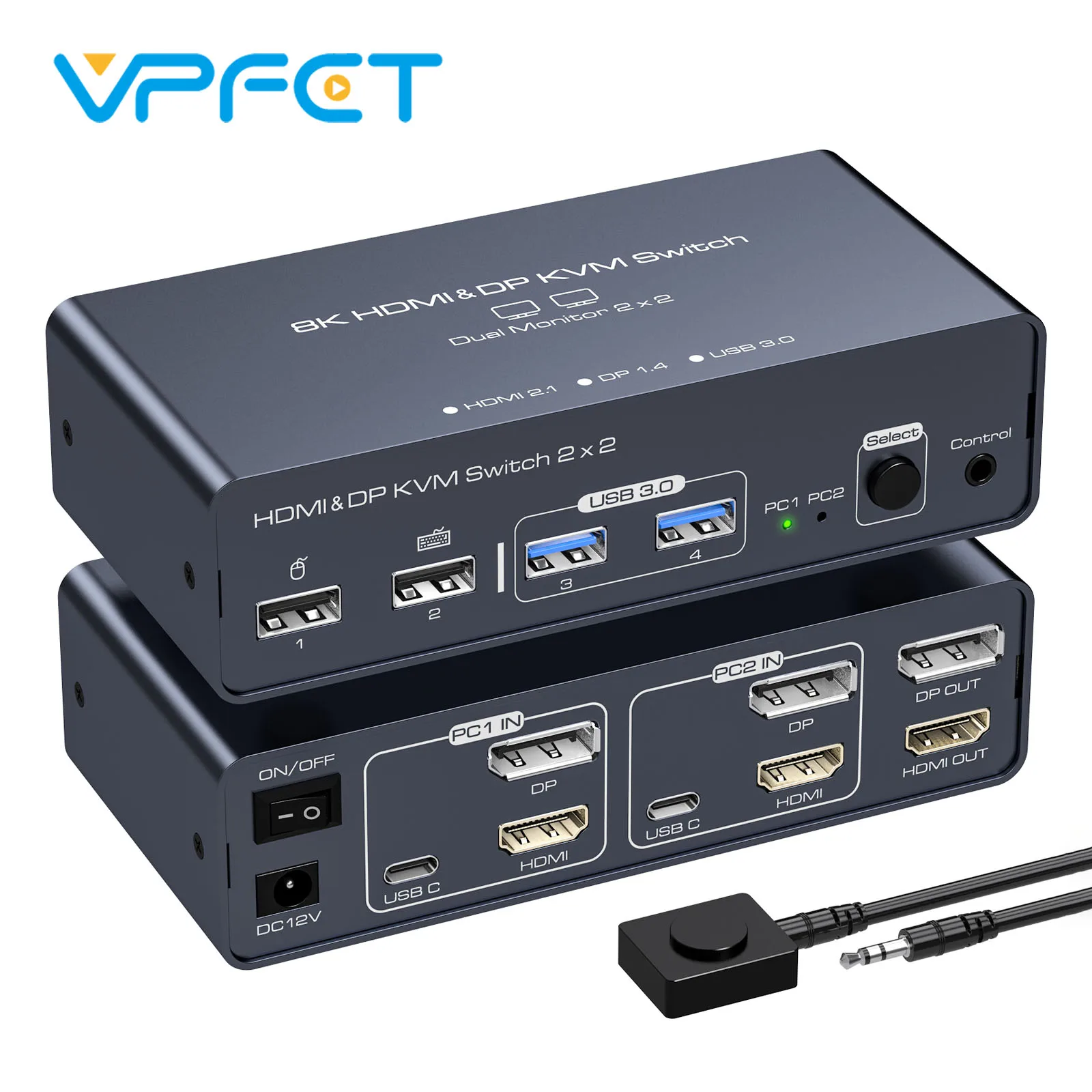 

KVM-переключатель HDMI Displayport, 2 ПК, 2 монитора, 8K при 60 Гц, 4K при 120 Гц, алюминиевый KVM-переключатель, подходит для 2 компьютеров, совместного использования 2 монитора