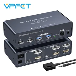 HDMI Displayport KVM Switch 2 PC 2 Monitors 8K@60Hz 4K@120Hz Aluminium KVM Switch Suitable for 2 Computers Sharing 2 Monitor