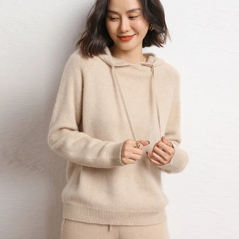 100% cashmere women's matching set hooded collar pullover sweater casual solid knitted pants 2-piece set loose women's clothing