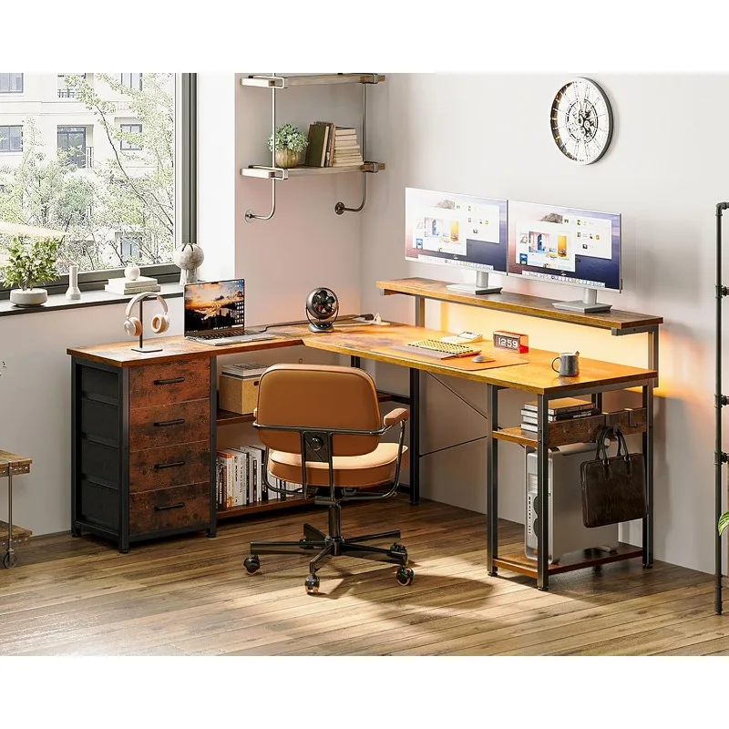 

61" L Shaped Desk with Drawer, Computer Desk with Power Outlets & LED Lights, Reversible Corner Gaming Desk