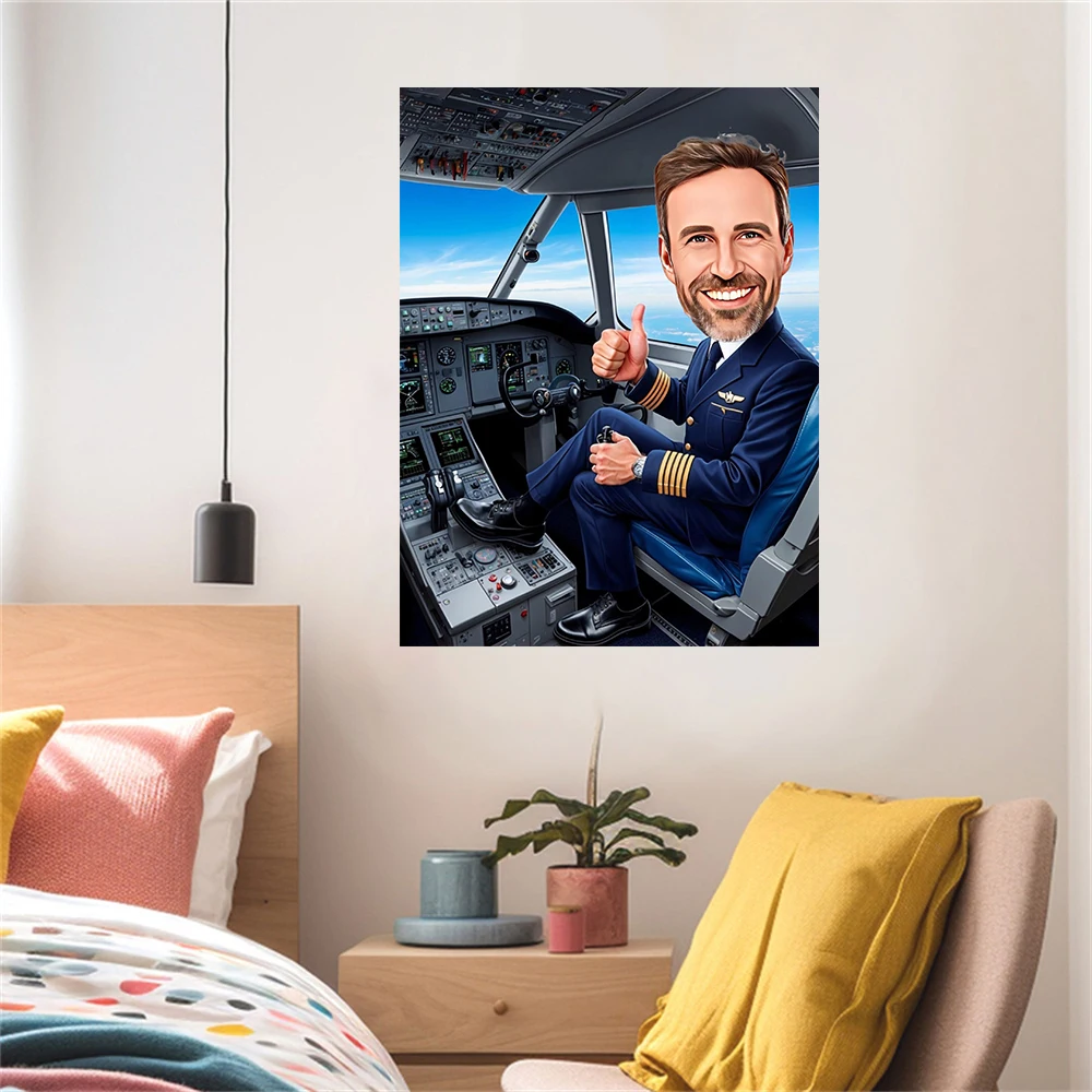 Custom Cartoon Pilot Portrait Prints Pilot Caricature Poster Aviation Gift Airplane Airline Pilot Birthday Gift Men Canvas Print