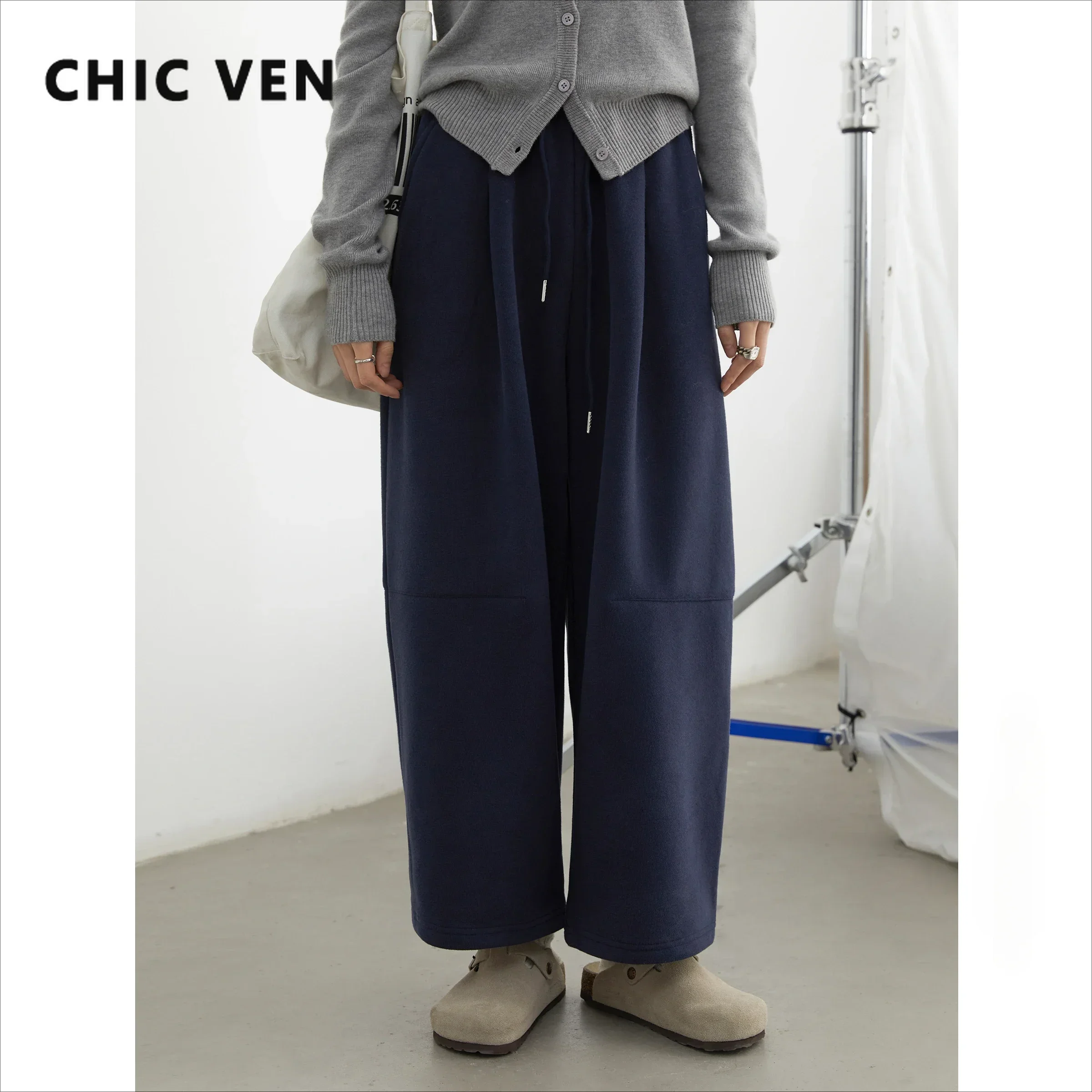 CHIC VEN Korean Women Pants Solid Plush Loose Casual New Elastic Waist Soft Female Trousers Wide Leg Pants Autumn Winter 2024