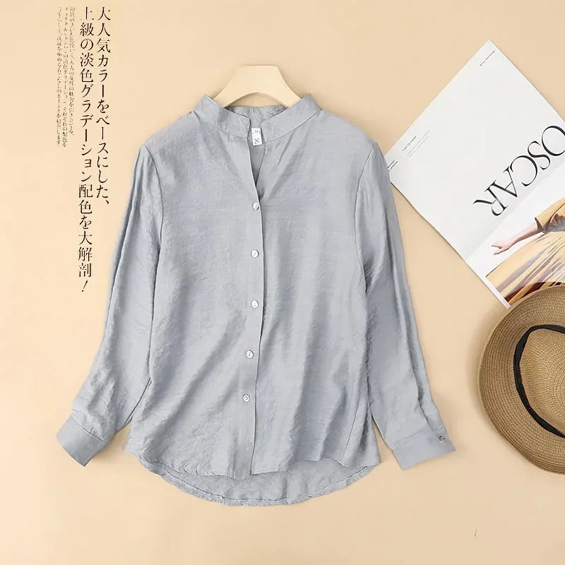 

Women's V-Neck Linen Blend Blouse Stand Collar Long Sleeve Casual Shirt
