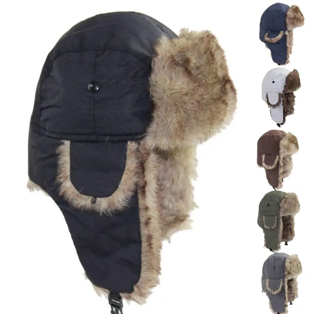 Men Winter Lei Feng Hat Thickened Plush Ear Fuzzy Faux Fur Windoroof Waterproof Adjustable Heat Retention Outdoor Ski