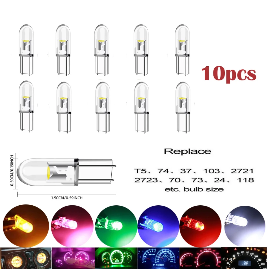 10pcs T5 PC74 B8.5 Led W3W Car Interior Light Dashboard Warming Indicator COB Chip Canbus Auto Instrument Light Wedge Gauge Bulb