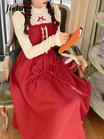 Jielur 2022 Spring Vintage Lolita Dress Party Evening Women Casual Fairy Red Midi Strap Dress Y2K Female Style Kawaill Clothes