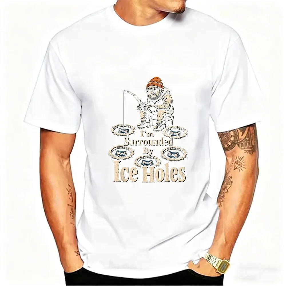 I'm Surrounded By Ice Holes Funny Ice Fishing T-Shirt Men Graphic Tee Short Sleeve O-Neck Orange Hat Sunglasses Bottle Cap Fish