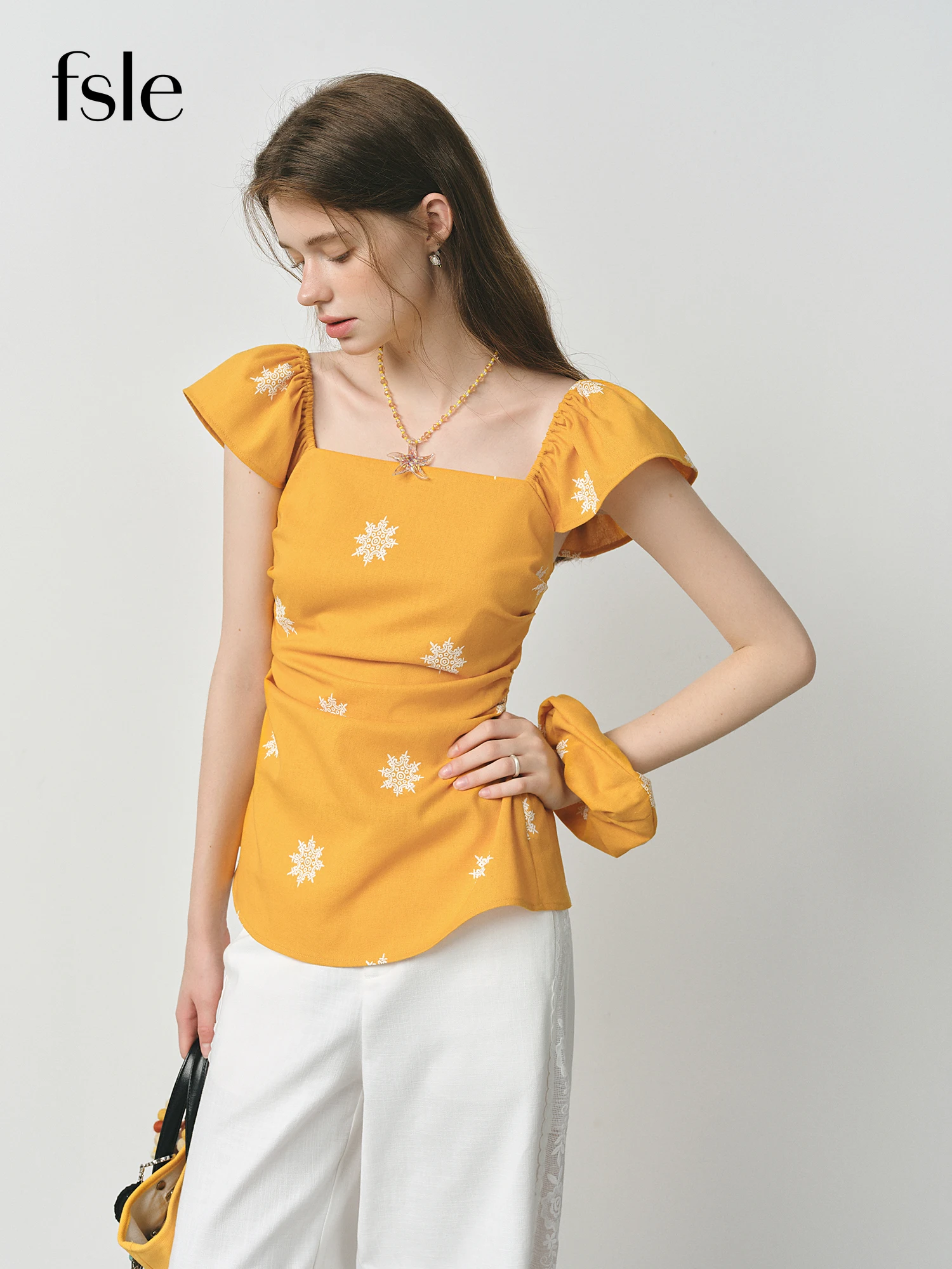 FSLE Summer Vacation Linen Shirt Women's Flutter Sleeve French Style 2025 Square Neck Top Coquette Y2K Trendy Blouse 25FS12889