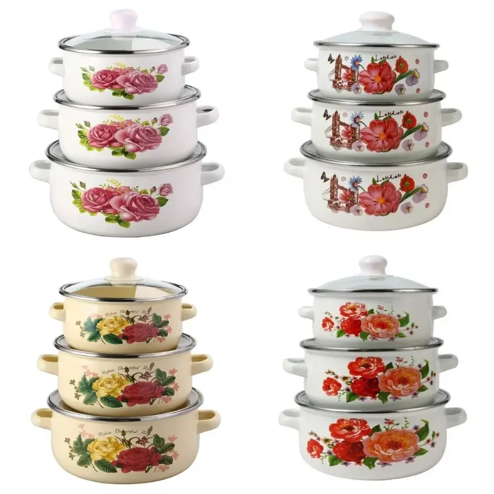 3pcs Thickened 16/18/20cm Enamel Pot Visible with Lid Stew Soup Pot Multi-Purpose Floral Cooking Tools Gas Induction Cooker